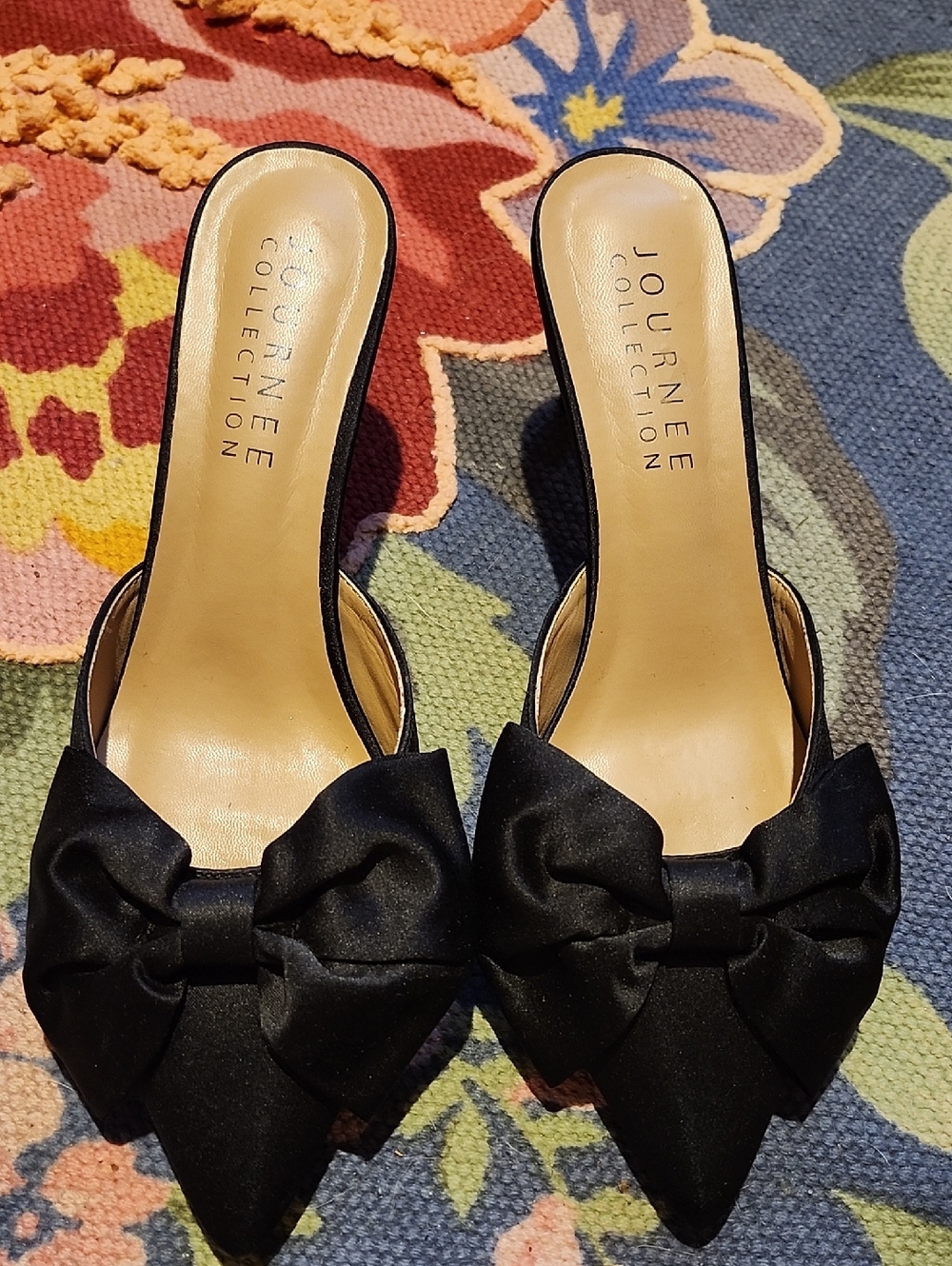 Journee Collection Black Satin Bow Pointed Toe Mules